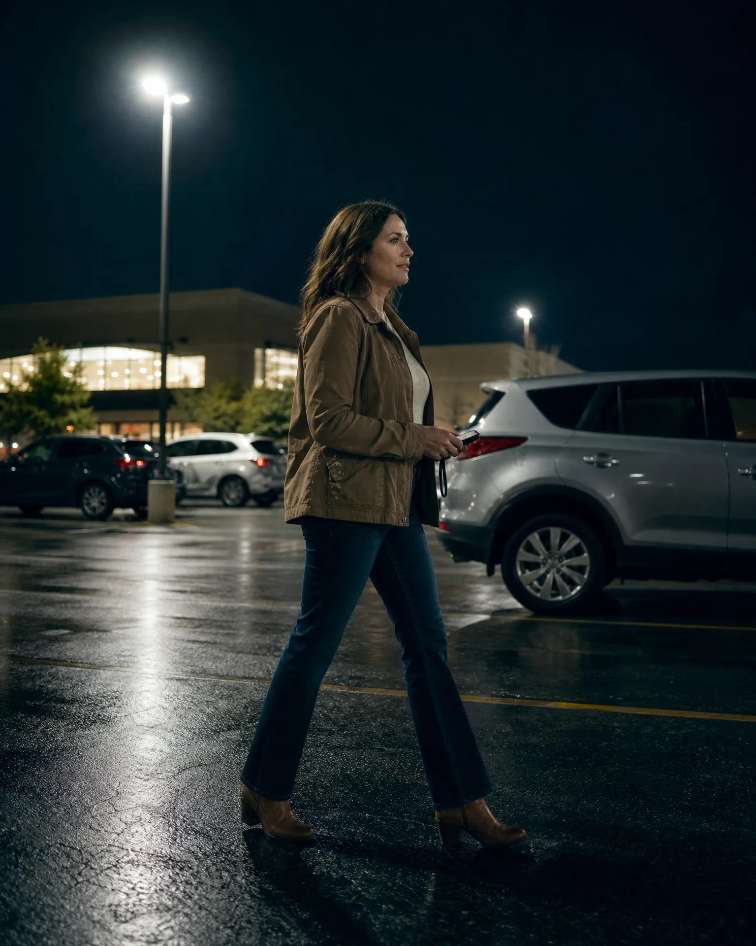 A woman in a tan jacket, jeans and ankle boots walks across a wet parking lot at night, holding keys, with a silver SUV, other parked cars, a lit light pole and a low building behind her.